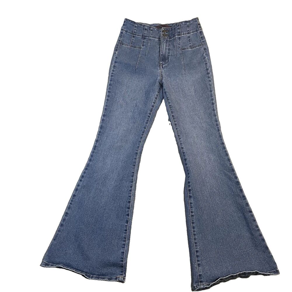 No Boundaries Pleated Pintuck Flare Wide Leg Jeans Juniors Size 7 Festival Boho